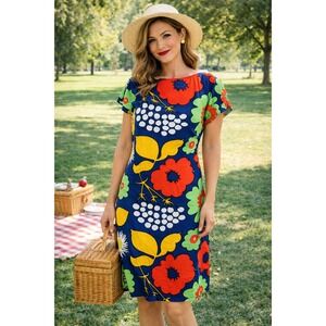 Marimekko for Target Blue Floral  Shift Dress Women Medium Mid-Century Style J2